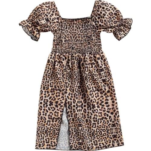 Girls Casual Long Slit Dress Brown Leopard Printed Pattern Short Sleeve Square Collar 1-6Years