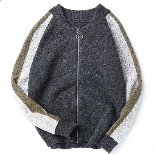 Casual mens sweater jackets Autumn Winter New mens Stitching color O-neck Cardigan male loose Round zipper warm Knitted coat