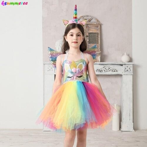 Rainbow Unicorn Costume for Girls Pageant Birthday Party Tutu Dresses with Headband Wing Sequins Halloween Unicorn Fancy Dress