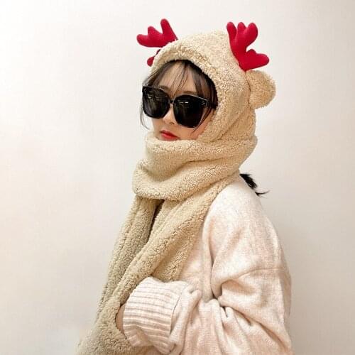 Christmas Antler Cap Cute Bear Cap Scarf Glove One Piece Thickened Cashmere Warm Hats Winter Keep Warm Caps