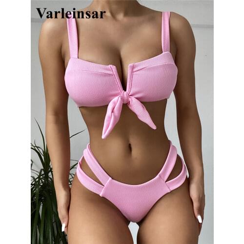 2021 Sexy V Shaped Ribbed Knotted Bikini Women Swimwear Female Swimsuit Two-pieces Bikini set Bather Bathing Suit Swim V2970