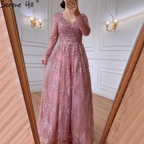 Serene Hill Muslim Pink Luxury Evening Dresses Gowns 2021 Long Sleeves Crystal A-Line For Women Party LA70729
