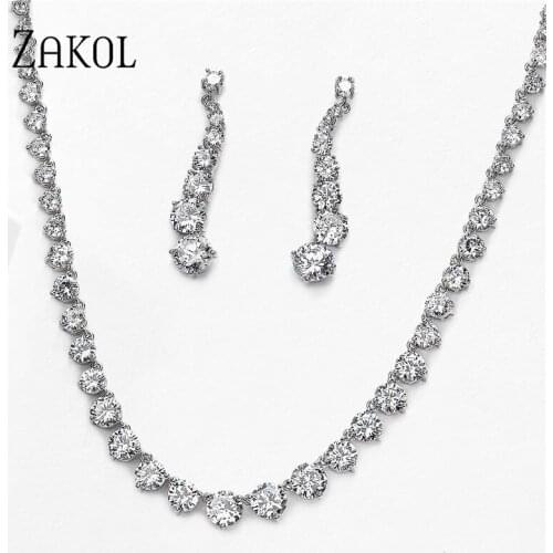 ZAKOL Fashion Sparking Clear Round Cut Cubic Zircon Women Jewelry Sets for Brides Wedding Evening Dress Factory Price FSSP097