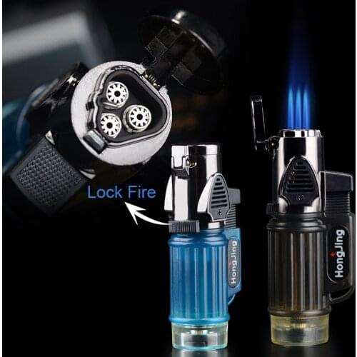 Three direct jet blue flames torch turbo windproof small spray gun lighter, visible gas inflation cigar lighter mens smoking