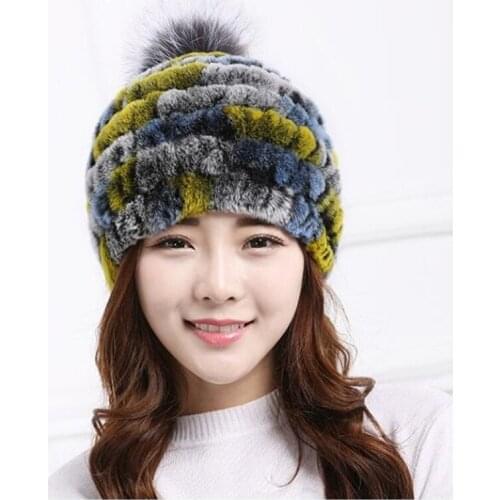 Women Winter Genuine Rex Rabbit Fur Hat with Furry Pompom Fashion Fall Warm Knitted Cap for Female Stripe Beanies H8