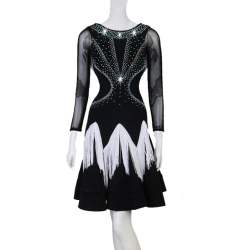 Latin Dance Competition Dresses For Women Diamond Shiny Clothes Adult/Kids Long Sleeve Tassel Skirt Custom Made Clothes DQL3319