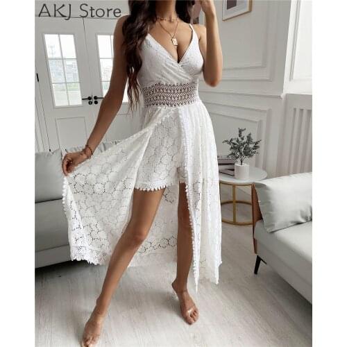 Women V-neck Spaghetti Strap Irregular Playsuit Solid Color Crochet Lace Hollow Sleeveless Romper