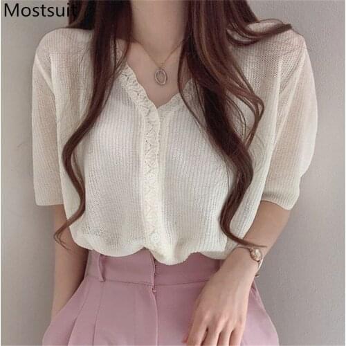 2021 Summer Thin Knitted Cardigan Women Short Sleeve V-neck Knitwear Tops Korean Elegant Ladies Jumpers Sweaters