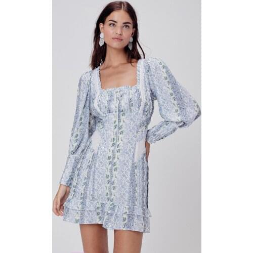 2020 High Quality Luxury runway Dress Vintage square collar lace patchwork ear-edge floral lace-up lantern sleeve party dress