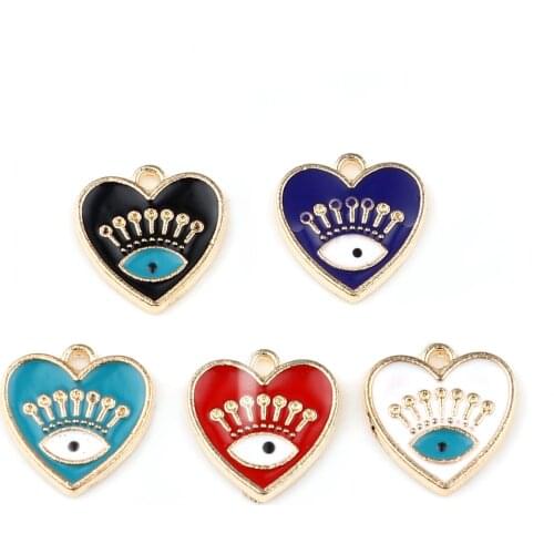 10 Piece Enamel Heart Evil Eye Charms Zinc Based Alloy Hearts Gold Color Eye Pendants Enamelled Charms For DIY Jewelry 15x 15mm