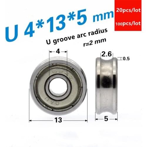 20/100pcs/lot U groove 4*13*5mm 624ZZ 624 bearing steel guide wheel roller pulley 4x13x5