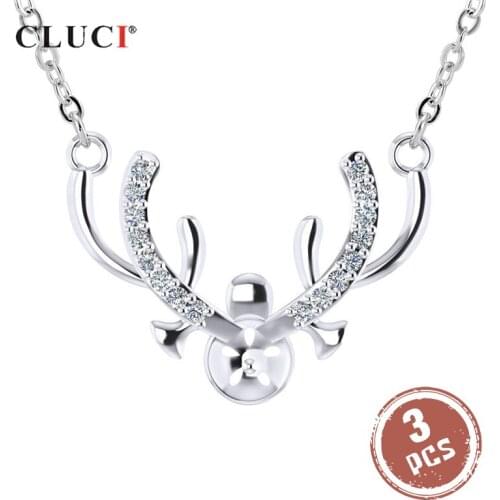 CLUCI 3pcs Silver 925 Cute Raindeer Zircon Pendant 925 Sterling Silver Pearl Pendant Necklace Mounting Women Jewelry SN055SB