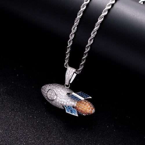 Fashion Charms Bling Jewelry Rocket Shape Hip Hop Sterling Silver Iced Out Cubic Zircon Pendant Necklace 24'' Chain