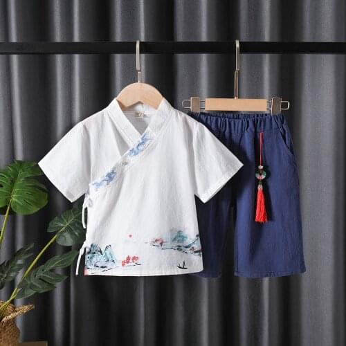 Kids Boys Cute Tang Suit Casual Kimono Shirts Children Chinese Style Print Hanfu Tops Robes Pants Baby Oriental Clothing Set