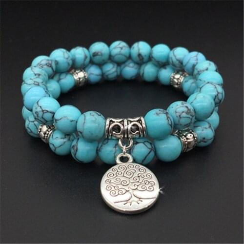 Dropshipping Natural Stone Beads tree of Life Bracelets Lucky Charm 8 mm Blue Turquoises Couple Bracelets for Women Yoga Jewelry