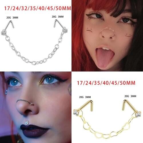 Double Nose Piercing Ring Nose Chain Nostril Zircon Stainless Steel Nose Stud Decoration Earring Piercing Nariz Pircing Septum