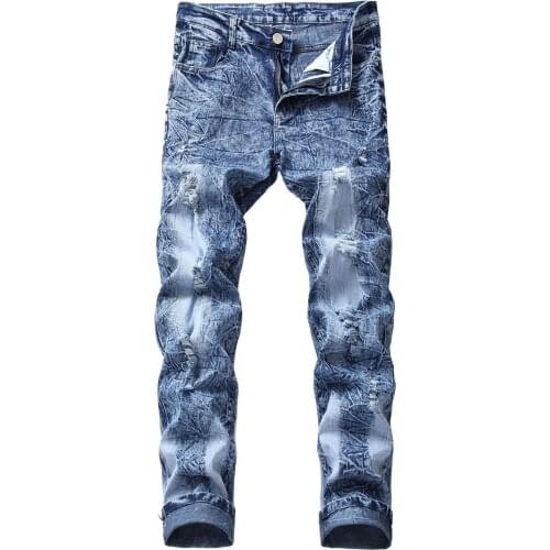 Spring Mens Ripped Jeans Street Hip Hop Punk Elasticity Straight Denim Pants Distressed Big Size Hole Trousers