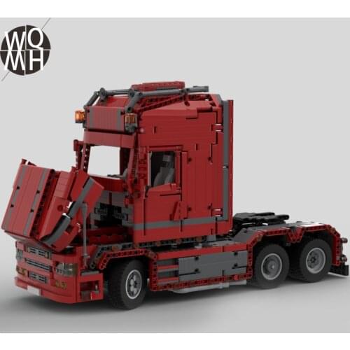 New red technology truck trailer block Scania truck t 580 assembly children education toy gift model car