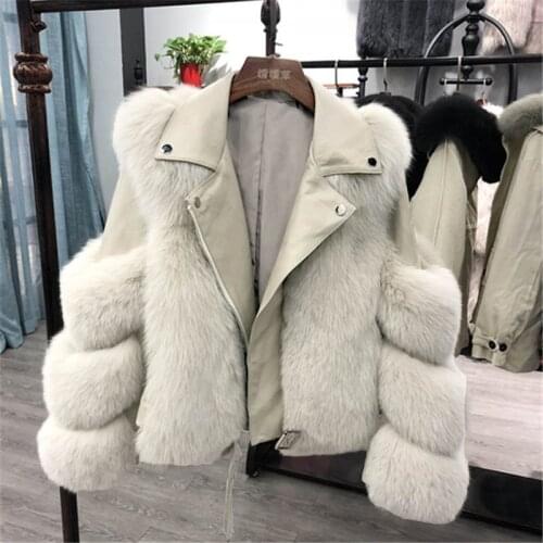Fashion Faux Fox Fur Coats Women Winter Pu Leather Stitching Turn Down Collar Warm Jacket New Solid Zipper Luxury Women Clothing