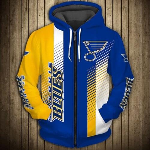 St. Louis mens casual 3D zipper hoodie Stitching design blue wings print Blues sweatshirt