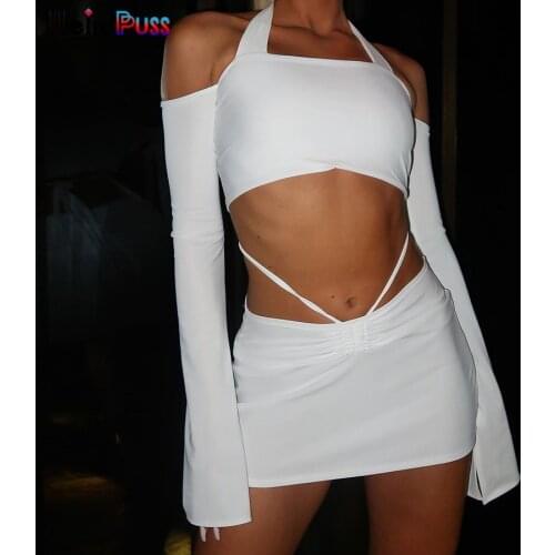 Weird Puss Shirring Elegant Halter 2Piece Set Strapless Backless Crop Top+Bandage Skirts Casual Trend Matching Hot Street Outfit