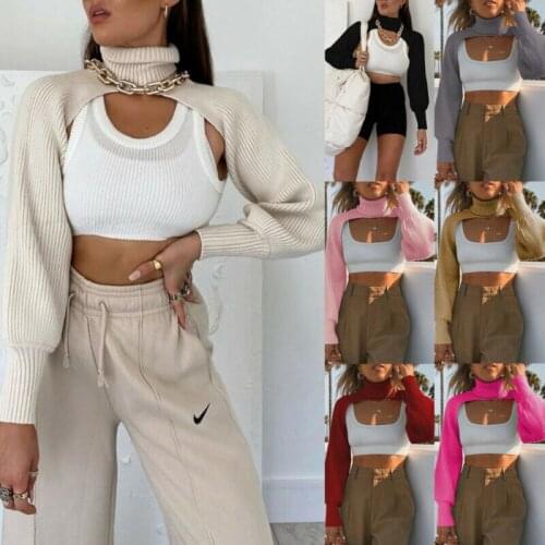 New Womens Long Sleeve Jumper Turtleneck Knitted Sweater Jumper Arm Warmer Neck Cut Out Winter Warm Crop Tops