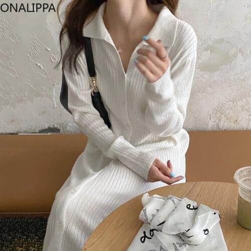 ONALIPPA Solid Color Lapel Knitted Dress 2021 Autumn Korean Chic Simple Temperament Slimming Waist Bag Hip Pit Strip Vestidos