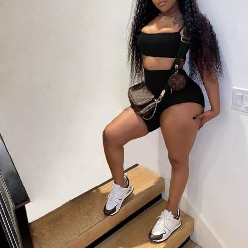 OMSJ Solid Asymmetrical 2 Pcs Sets Women Tracksuit Sling Tank Top+High Waist Irregular Skinny Shorts Summer 2021 Casual Outfits