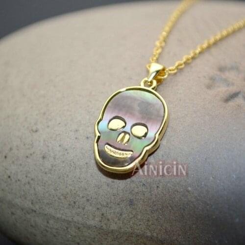 Natural Black Shell Skull Head Shape Gold Plating Metal Pendant 18'' Chain Necklace for Man and Women Jewelry 5pcs/lot