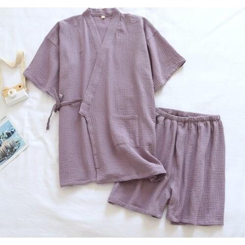 Japanese Couple Pajamas Thin Summer Cotton Crepe Short Sleeved Kimono Two Piece Home Service Suit For Men Women Summer Clothes