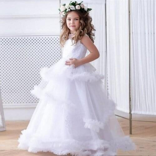 Ruffled Flower Girl Dresses Toddler Girls Pageant Dresses Lace Appliques Tulle Floor Length Girls Birthday Party Skirts