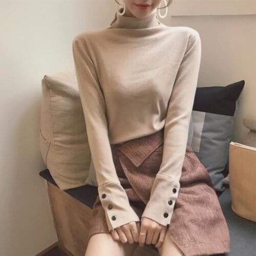Turtleneck Pullover Women 20 Autumn Winter Korean Style Casual Buttons Long Sleeve Basic Slim Knitted Sweater Jumper Tops T401