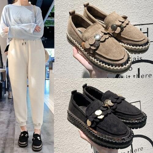 Chunky Sewing Comfort Platform Shoes Women Peas Ladies Loafers Plus Size35-43 Chunky Flat Heel Brown Womens Flats