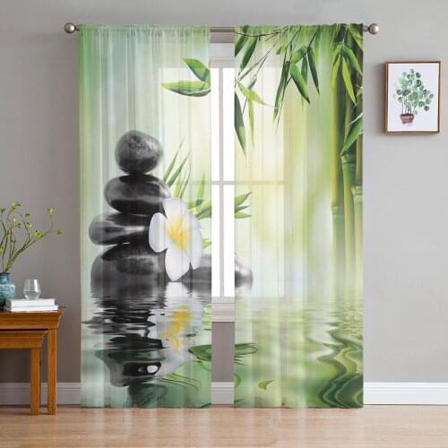 Green Bamboo Leaves Flower Window Curtains for Living Room Kitchen Door Curtain Sheer Curtains for Bedroom