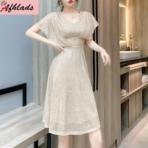 Summer New Sequined V-Neck High Waist Sexy Nightclub Dress Short Sleeve Solid Color Streetwear Womens Clothing Party Vestidos