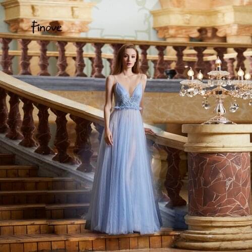 Finove New Evening Dresses Long 2019 Sexy V Neck Tulle Illusion With Pleat Appliques Floor Length In Women' Dress Robe De Soir