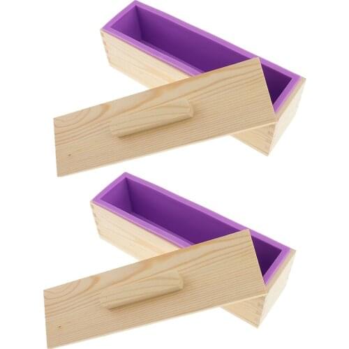 2 Pieces Rectangle Silicone Soap Toast Loaf Mold Wooden Box Lid DIY 900ml Purple
