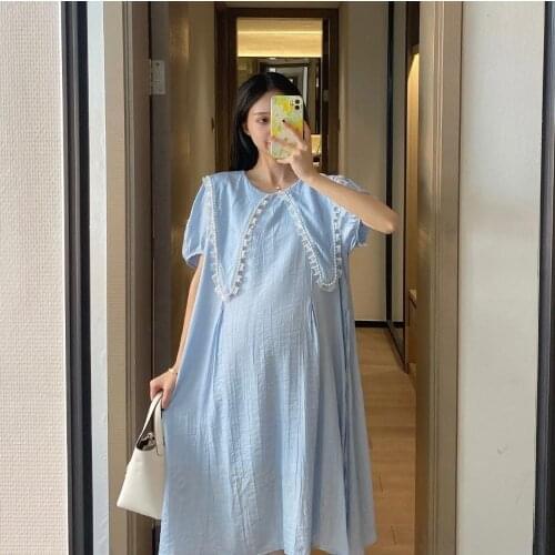 98075# Maternity Dress Summer Cotton Short Sleeves Loose Midi Turn Down Collar Dress Plus Size Pregnancy Dress Mom Dress