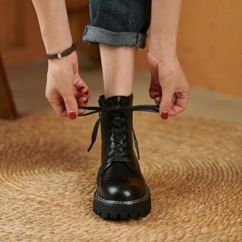 2021 New Genuine Leather Winter Women Boots Fashion Round Toe Chunky Heel ANKLE Boots Platform Shoes Women Shoes Modern