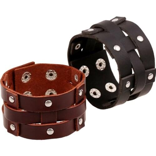 Boho Gypsy Hippie Punk Black Brown Real Genuine Cow Leather with Round Pop Rivets Charm Macrame Unisex Wide Big Bracelet Bangle