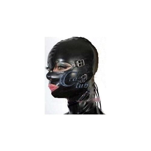 Crazy club_100% pure natural Latex Sexy Latex Fetish Solid Black Snap Naps Latex Hood with Hasp Mask For Adults Fast Delivery
