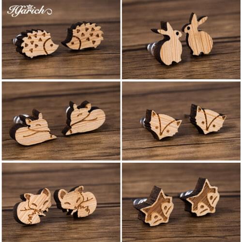 Hfarich Cute Hedgehog Rabbit Fox Earrings For Women Wood Animal Stud Earings Children Jewelry Gift