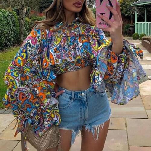 AGong Sexy Fold Tshirts Women Fashion Summer Floral Printed Tops Women Elegant Tie Belt Long Sleeve Short Tees Female Ladies