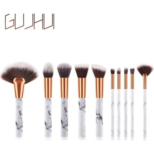 GUJHUI 10Pcs/Set Sector Shape Marble Makeup Brush Flat Head Brush Eyeshadow Blush Lose Powder Brush Make up Pincel Kit Tools