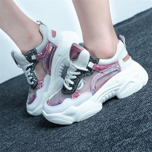 Mesh Hollow Breathable slides sneakers women 2019 Summer shoes women Fashion Bling platform sneakers Colorful Laser female shoes