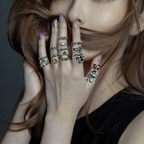 BALANBIU Bohemian Vintage Finger Rings Set For Women Gothic Punk Flower Animal Insect Stone Inlay Rings 2021 New Fashion Jewelry