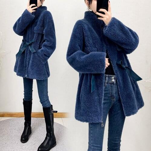 2021 New Fashion Womens Winter Mid-length Faux fur Coat Warm lamb hair Outwear Blue Elegant Slim Stand collar Female Jacket