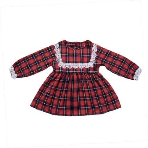 0-4Y Autumn Infant Baby Girls Dress Red Long Sleeve Plaid Printed and Lace Pattern Round Collar Princess Skirt