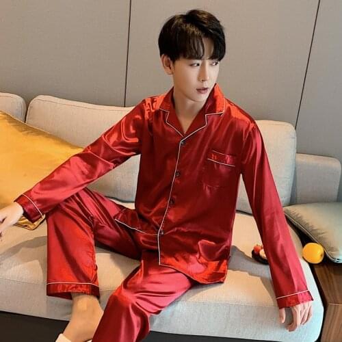 Mens Stain Silk Pajamas Sets for Men Homewear Spring Autumn Elastic Waist Men Pyjamas Sleepwear Soft Modern Style