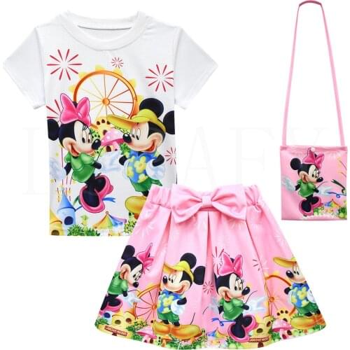 Disney Minnie Mickey Girls Dress Summer Kids Clothes Girl Cartoon Clothing Princess Dress T-shirt and Skirt Set Party Dress